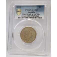 AUSTRALIA 2000 . ONE 1 DOLLAR COIN . ERROR . MULE . STRUCK ON TEN 10 CENTS